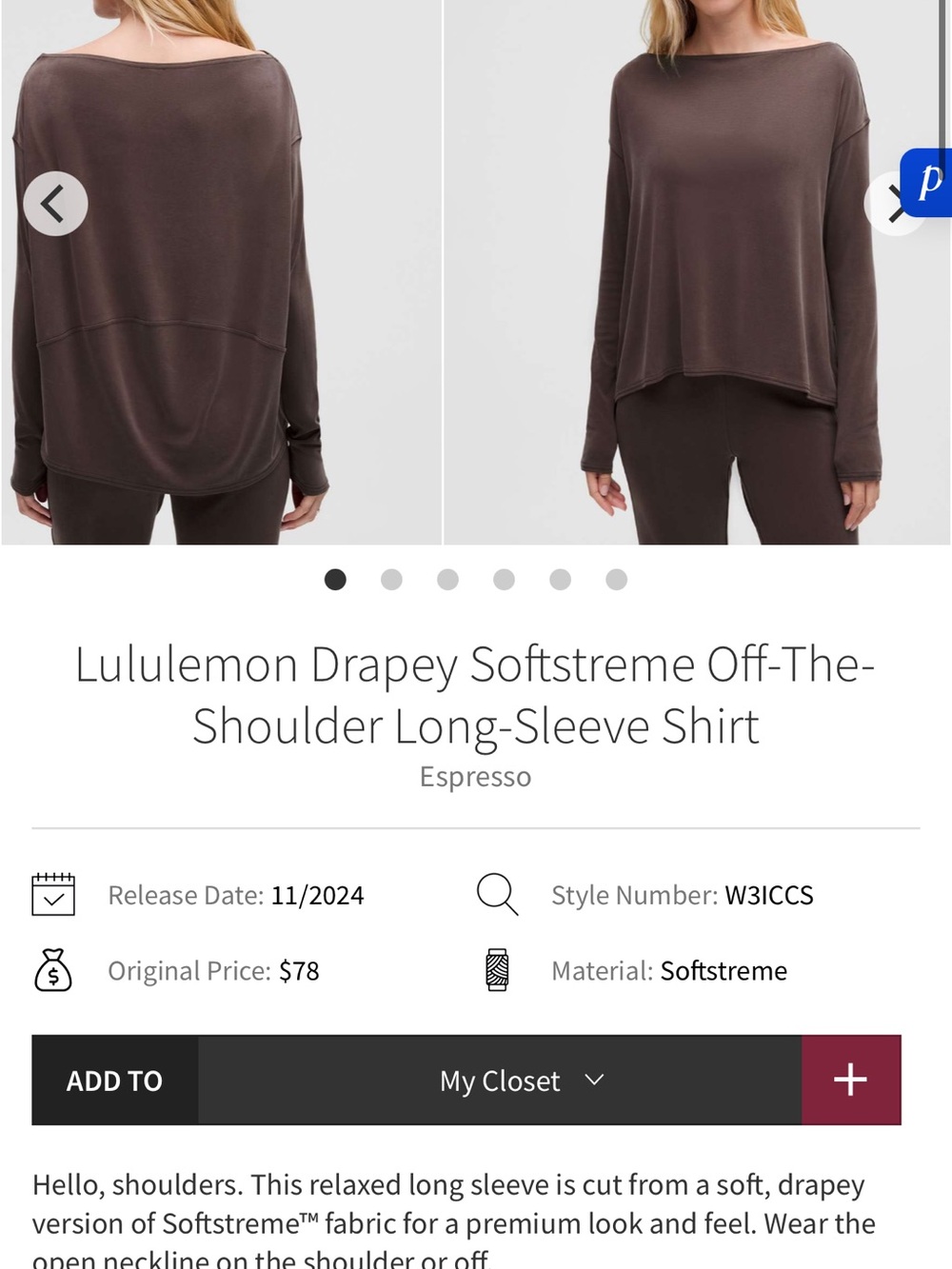 Lululemon Drapey softstreme Off the shoulder Long-Sleeve Shirt Espresso*